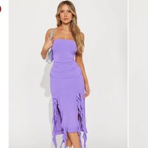 purple strappless dress
